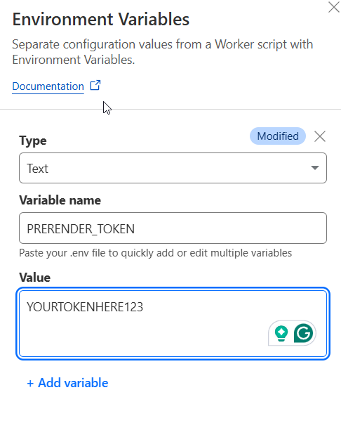 Add Prerender token environment variable to Cloudflare worker as plain text