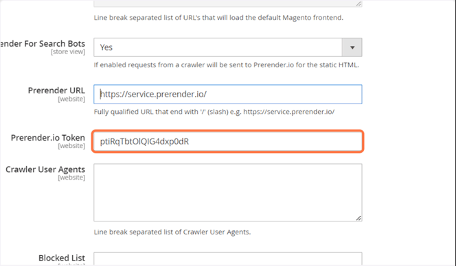 Find your Prerender token on the Prerender dashboard and add it to the Prerender.io Token section to use the Prerender.io service.