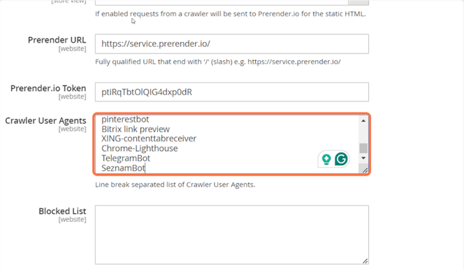 Paste the crawler list into the crawler User Agents section in the UPWARD PWA config.