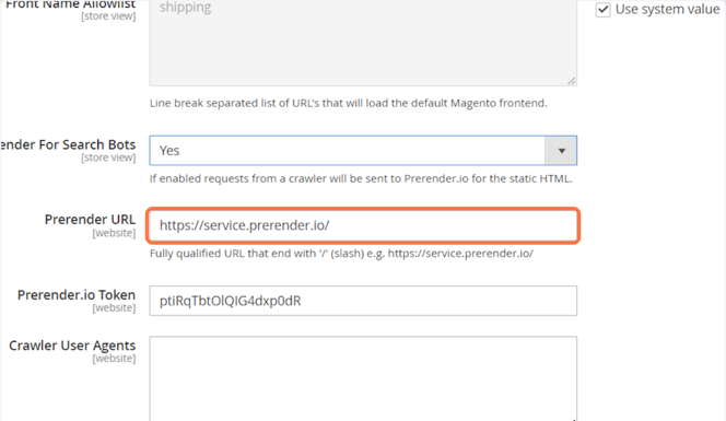 At the Prerender URL section, add https://service.prerender.io/