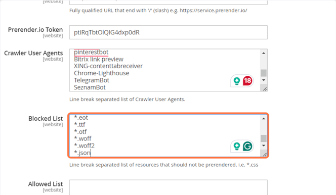 Paste the list of blocked extensions into the Blocked List section of your UPWARD PWA config so that static asset URLs are not served by Prerender