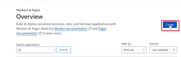 Click on create button under Workers and Pages menu