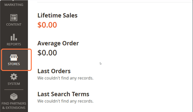 Click stores menu in Magento dashboard