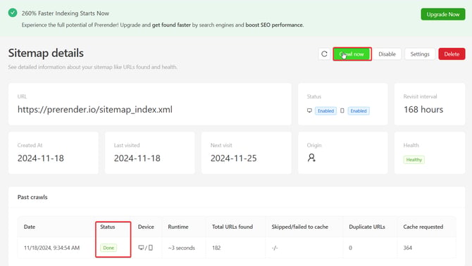 	Prerender.io sitemap crawler details showing crawl status, page count, and failed crawl indicators