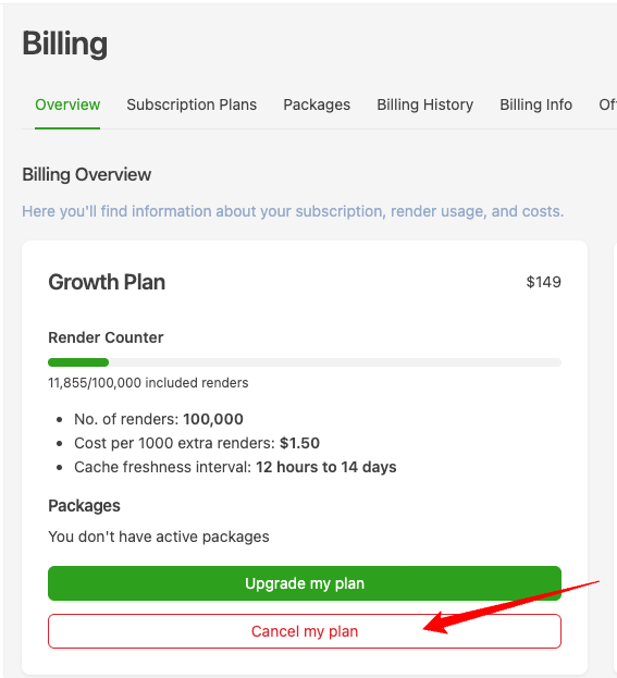Prerender Dashboard - Billing