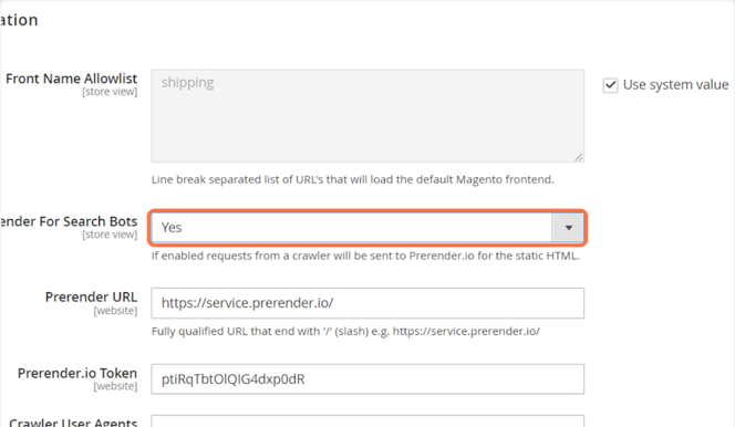Select " yes in the Prerender for search bots dropdown list