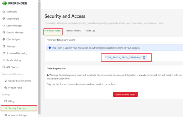Prerender Token location in the Security and Access menu