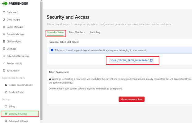Prerender Token location in the Security and Access menu
