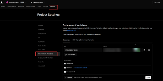 Adding PRERENDER_TOKEN as an environment variable in Vercel